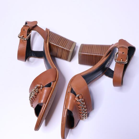 COACH Phoebe Block Heel Sandal Brown Chained Open Toe Ankle Strap Women's 6B - Picture 7 of 8